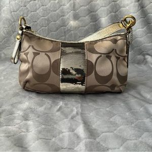 Coach Signature Gold Sequin Stripe Khaki Sateen Shoulder Purse Bag